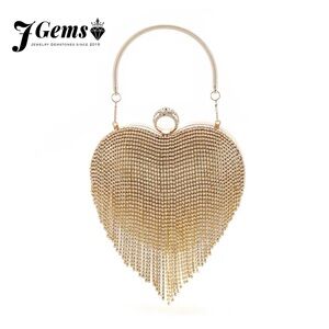 Luxury Crystal Fringe Evening Clutch Gold Heart Silhouette